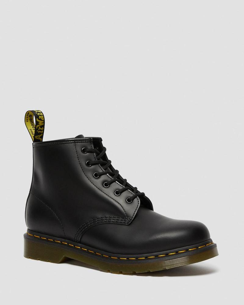 Black Men\'s Dr Martens 101 Yellow Stitch Smooth Leather Ankle Boots | CA 413HAP